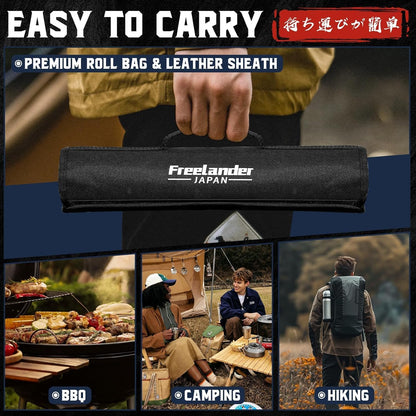 Professional Butcher Knife Set with Roll Bag for Meat Cutting | Full Tang Meat Cleaver with Ergonomic Wood Handle, Prolonged Edge Retention, Robust Blade, Portable Grill Knife Set for Men