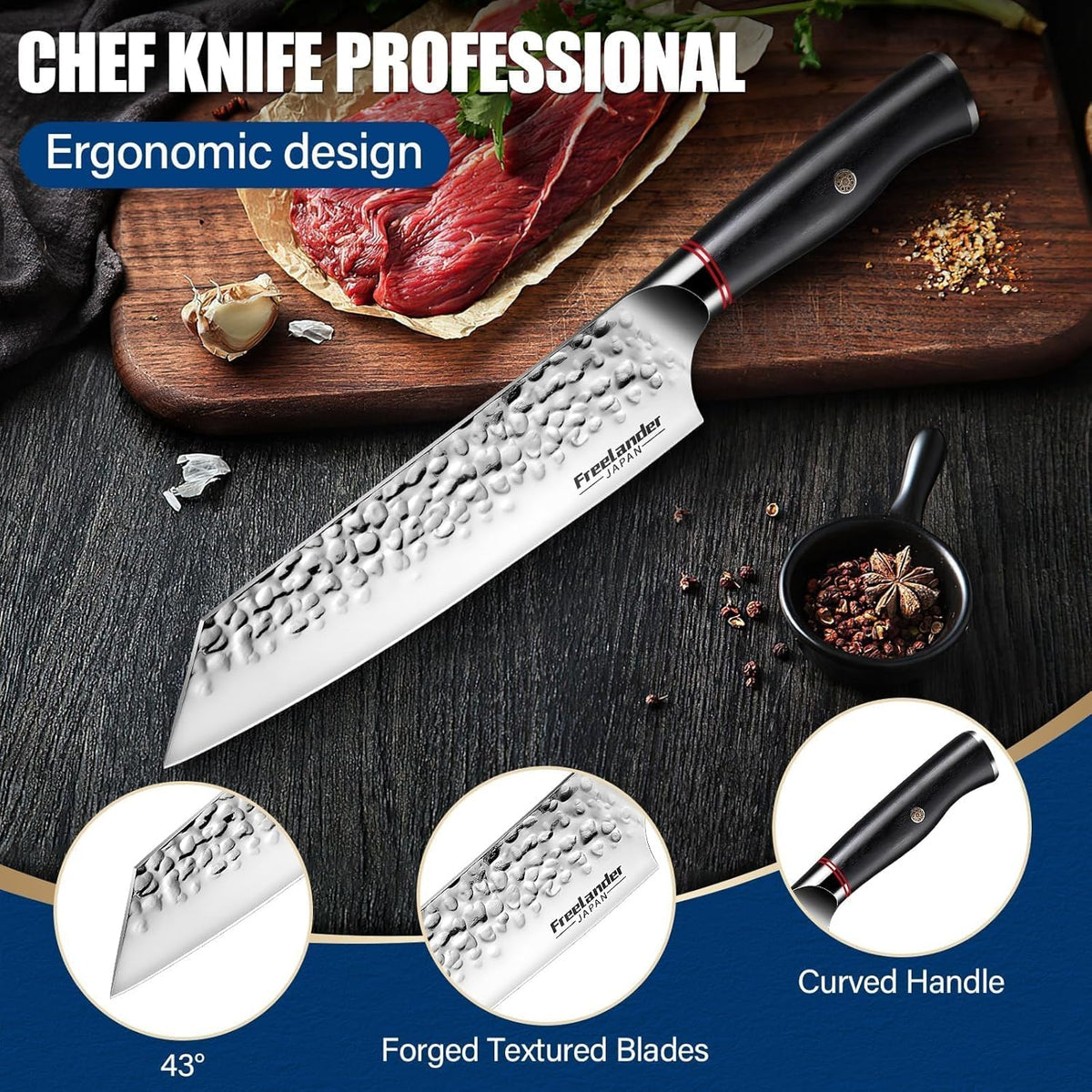 Professional Butcher Knife Set with Roll Bag for Meat Cutting | Full Tang Meat Cleaver with Ergonomic Wood Handle, Prolonged Edge Retention, Robust Blade, Portable Grill Knife Set for Men