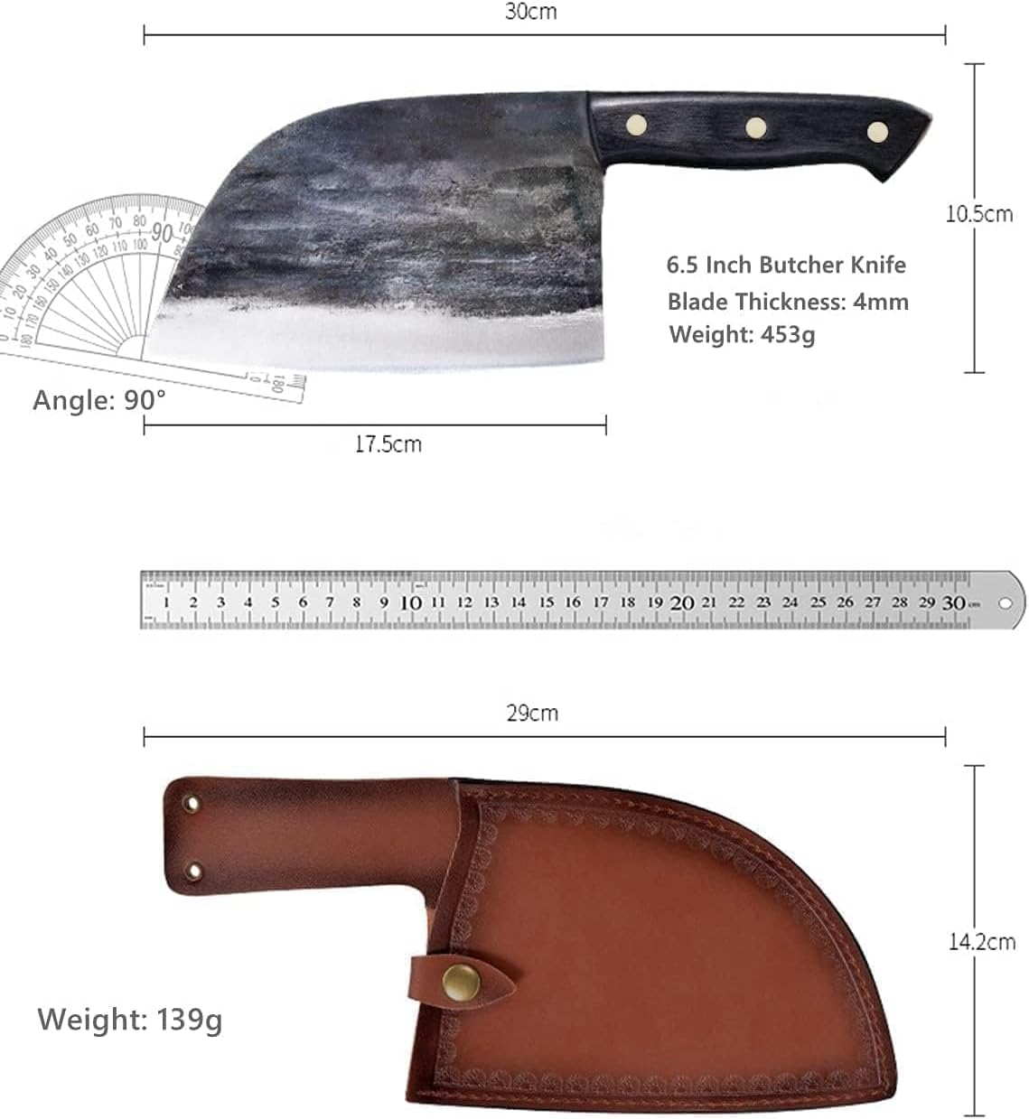 Professional Butcher Knife Set with Roll Bag for Meat Cutting | Full Tang Meat Cleaver with Ergonomic Wood Handle, Prolonged Edge Retention, Robust Blade, Portable Grill Knife Set for Men