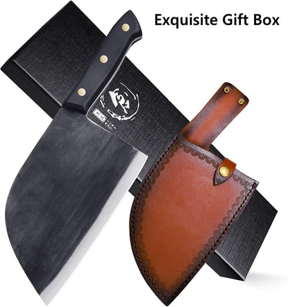 Professional Butcher Knife Set with Roll Bag for Meat Cutting | Full Tang Meat Cleaver with Ergonomic Wood Handle, Prolonged Edge Retention, Robust Blade, Portable Grill Knife Set for Men