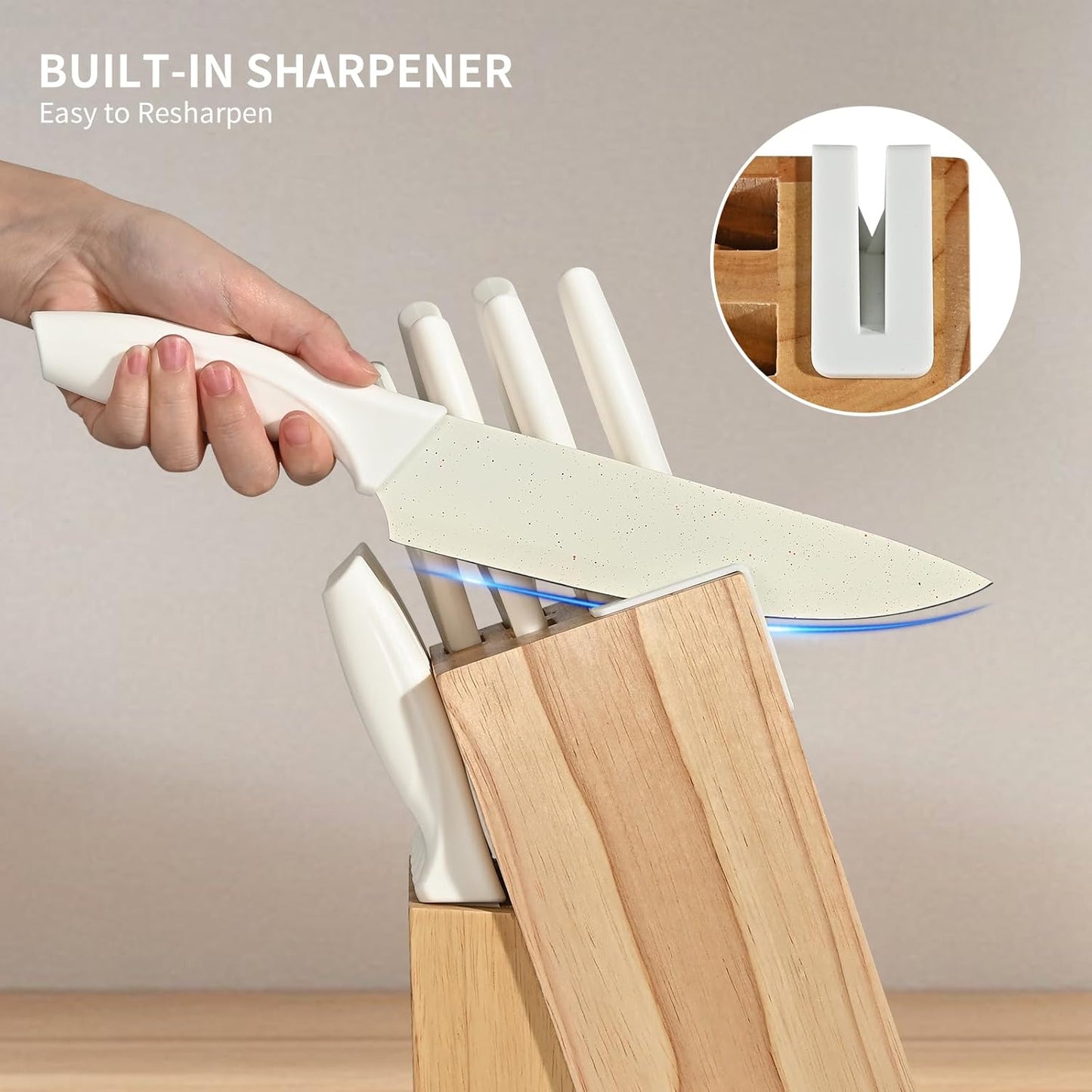 15 Piece Knife Set，Kitchen Knife Block Set，White stainless steel knife set with sharpener for Chopping, Slicing, Dicing & Cutting，Dishwasher safe