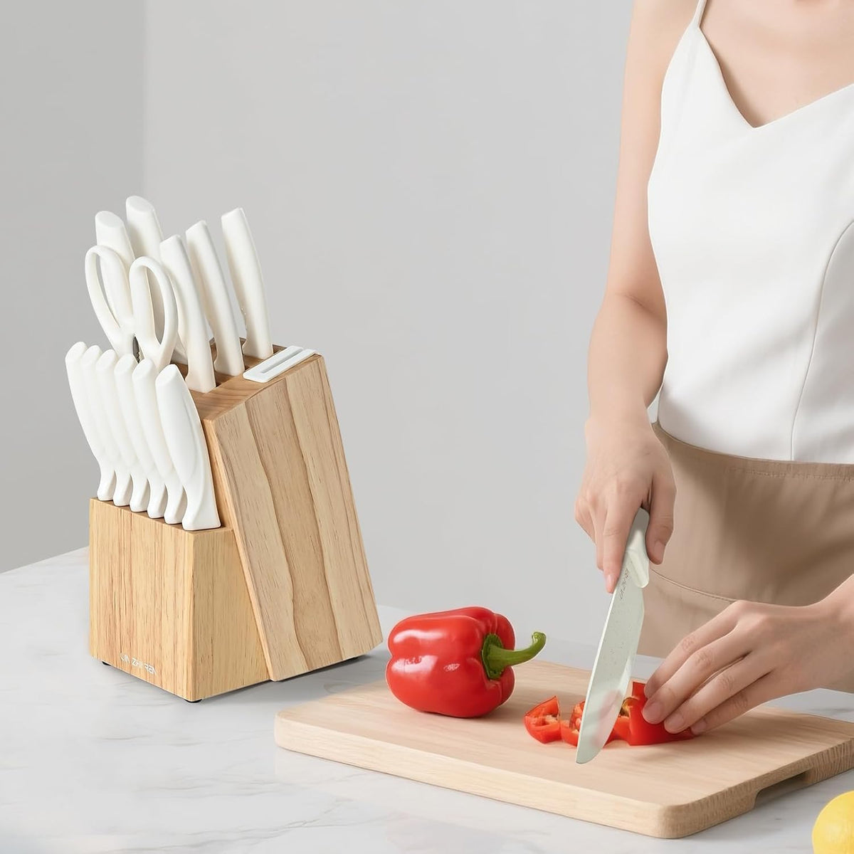15 Piece Knife Set，Kitchen Knife Block Set，White stainless steel knife set with sharpener for Chopping, Slicing, Dicing & Cutting，Dishwasher safe
