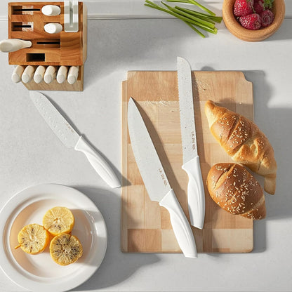 15 Piece Knife Set，Kitchen Knife Block Set，White stainless steel knife set with sharpener for Chopping, Slicing, Dicing & Cutting，Dishwasher safe