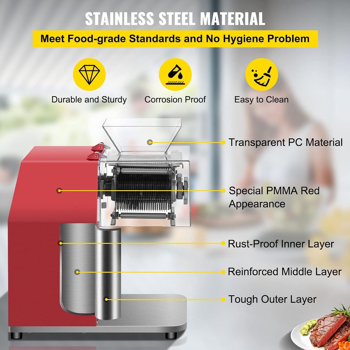 850W Meat Slicer, Commercial Meat Cutting Machine, Stainless Steel, 5 mm Thickness, Detachable Blades, Electric Food Slicer for Home Kitchen Restaurant Supermarket