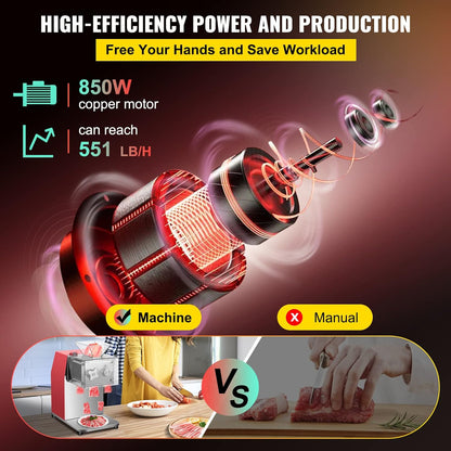 850W Meat Slicer, Commercial Meat Cutting Machine, Stainless Steel, 5 mm Thickness, Detachable Blades, Electric Food Slicer for Home Kitchen Restaurant Supermarket