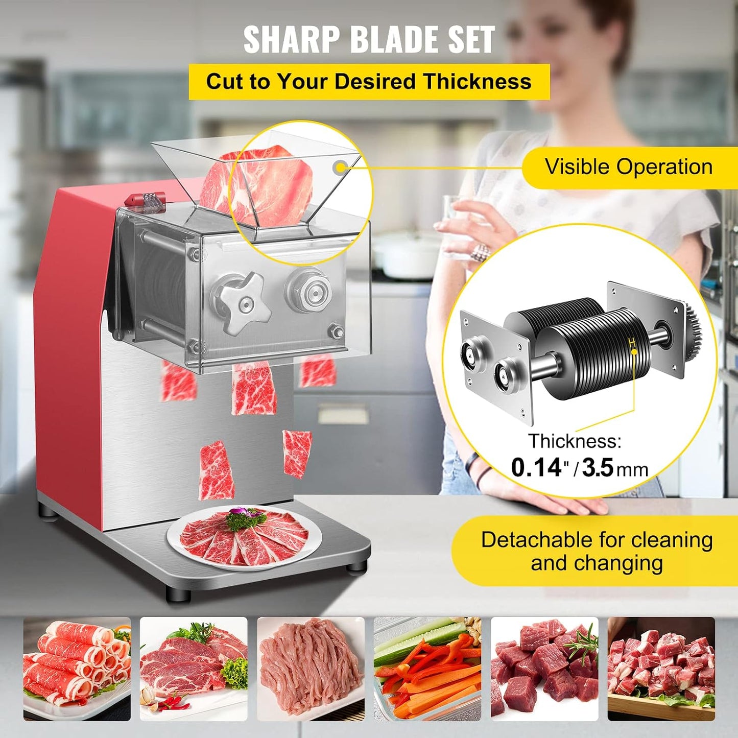 850W Meat Slicer, Commercial Meat Cutting Machine, Stainless Steel, 5 mm Thickness, Detachable Blades, Electric Food Slicer for Home Kitchen Restaurant Supermarket