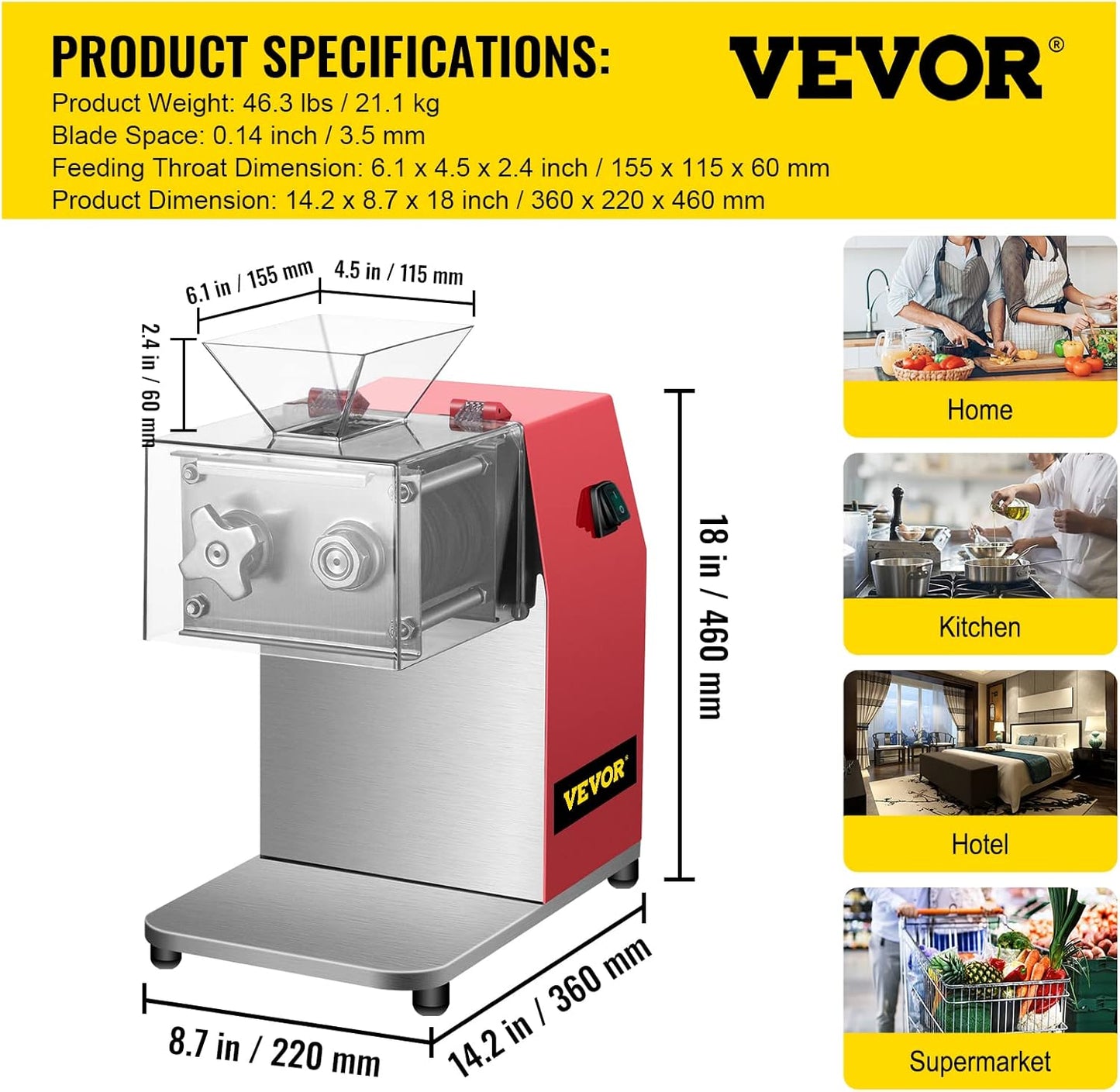 850W Meat Slicer, Commercial Meat Cutting Machine, Stainless Steel, 5 mm Thickness, Detachable Blades, Electric Food Slicer for Home Kitchen Restaurant Supermarket