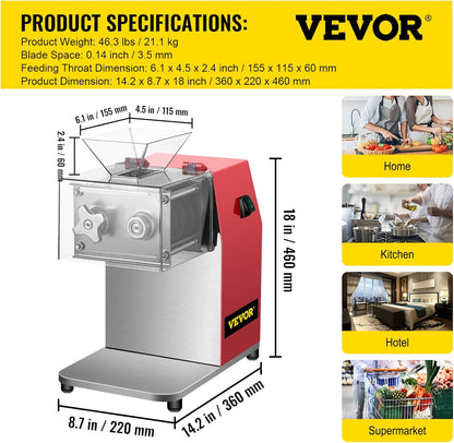 850W Meat Slicer, Commercial Meat Cutting Machine, Stainless Steel, 5 mm Thickness, Detachable Blades, Electric Food Slicer for Home Kitchen Restaurant Supermarket