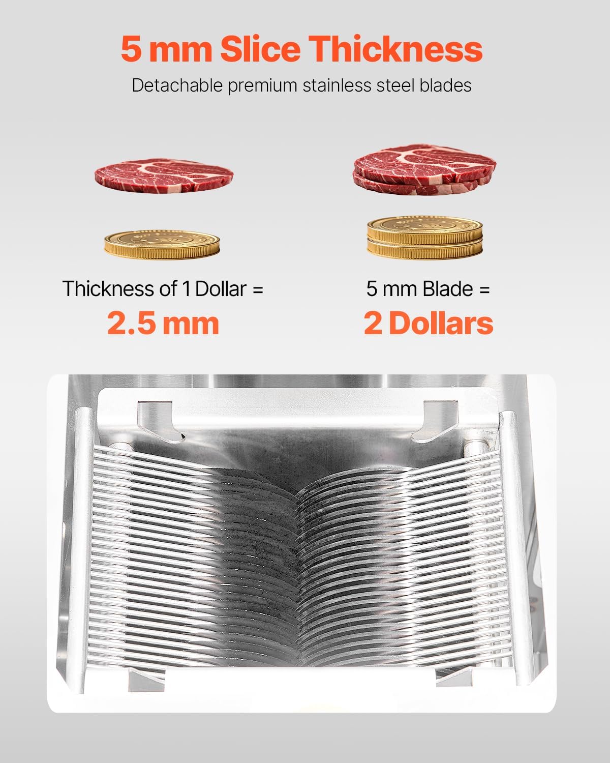 850W Meat Slicer, Commercial Meat Cutting Machine, Stainless Steel, 5 mm Thickness, Detachable Blades, Electric Food Slicer for Home Kitchen Restaurant Supermarket