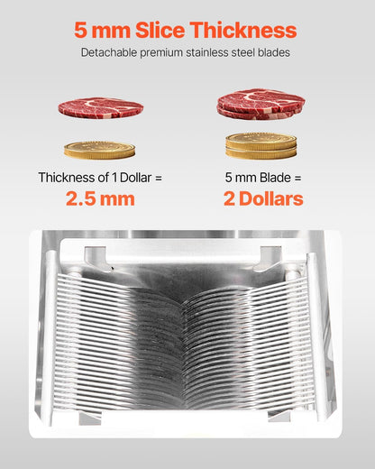 850W Meat Slicer, Commercial Meat Cutting Machine, Stainless Steel, 5 mm Thickness, Detachable Blades, Electric Food Slicer for Home Kitchen Restaurant Supermarket