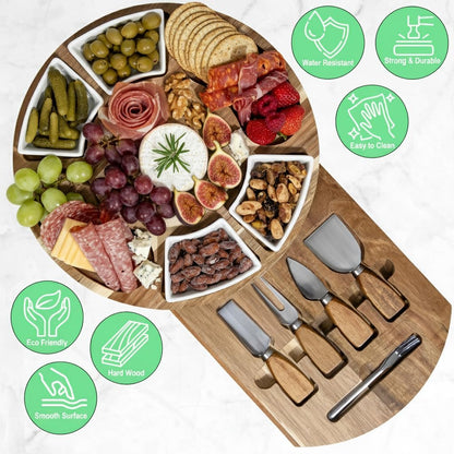 Acacia Cheese Board & Knife Set, Round Charcuterie Board with Ceramic Bowls, Hidden Slide-Out Drawer & Serving Utensils, Housewarming & Wedding Gift