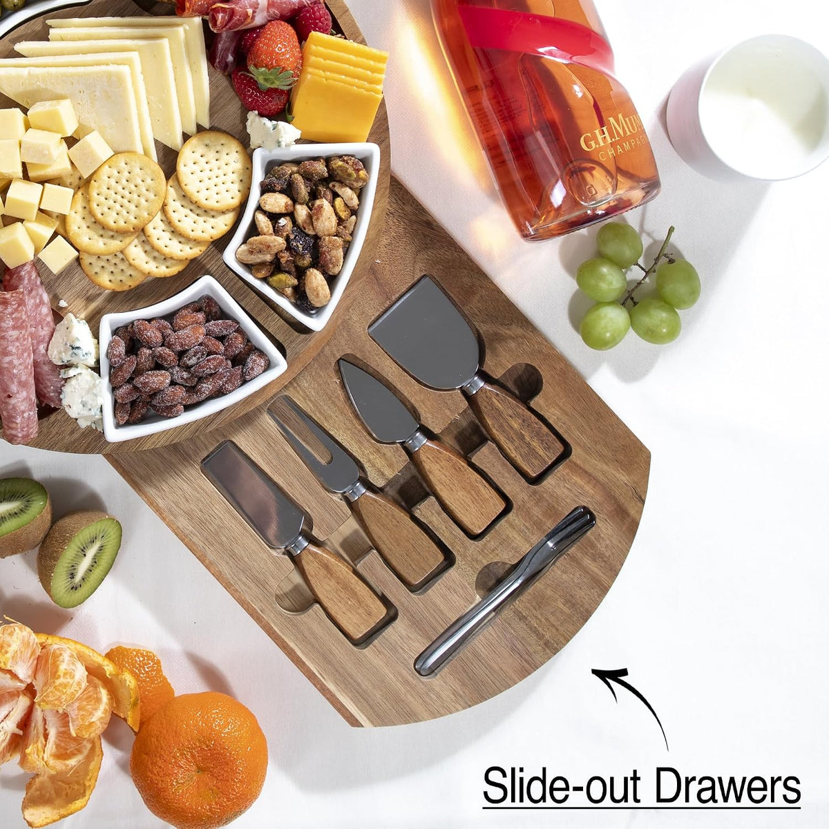 Acacia Cheese Board & Knife Set, Round Charcuterie Board with Ceramic Bowls, Hidden Slide-Out Drawer & Serving Utensils, Housewarming & Wedding Gift