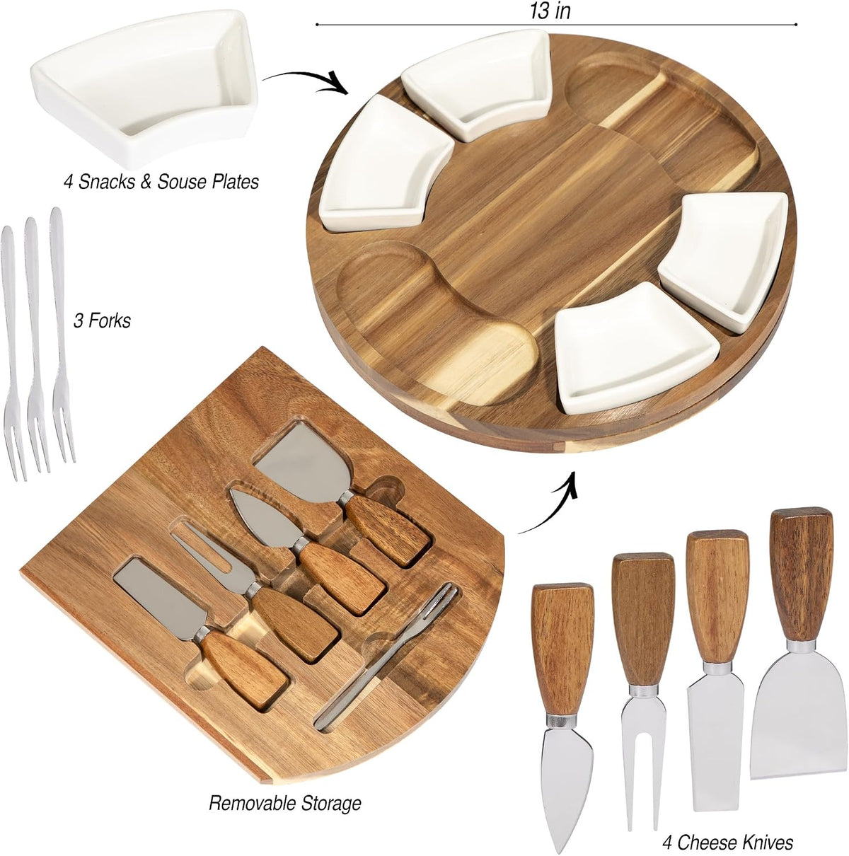 Acacia Cheese Board & Knife Set, Round Charcuterie Board with Ceramic Bowls, Hidden Slide-Out Drawer & Serving Utensils, Housewarming & Wedding Gift