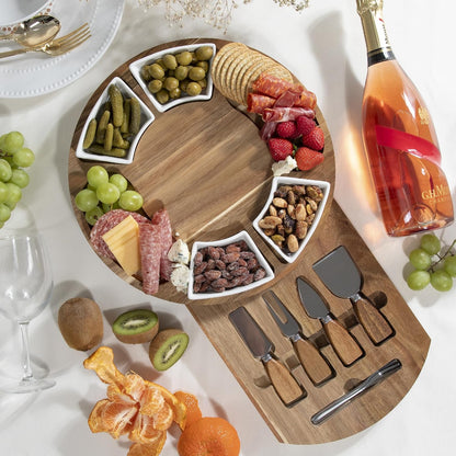 Acacia Cheese Board & Knife Set, Round Charcuterie Board with Ceramic Bowls, Hidden Slide-Out Drawer & Serving Utensils, Housewarming & Wedding Gift