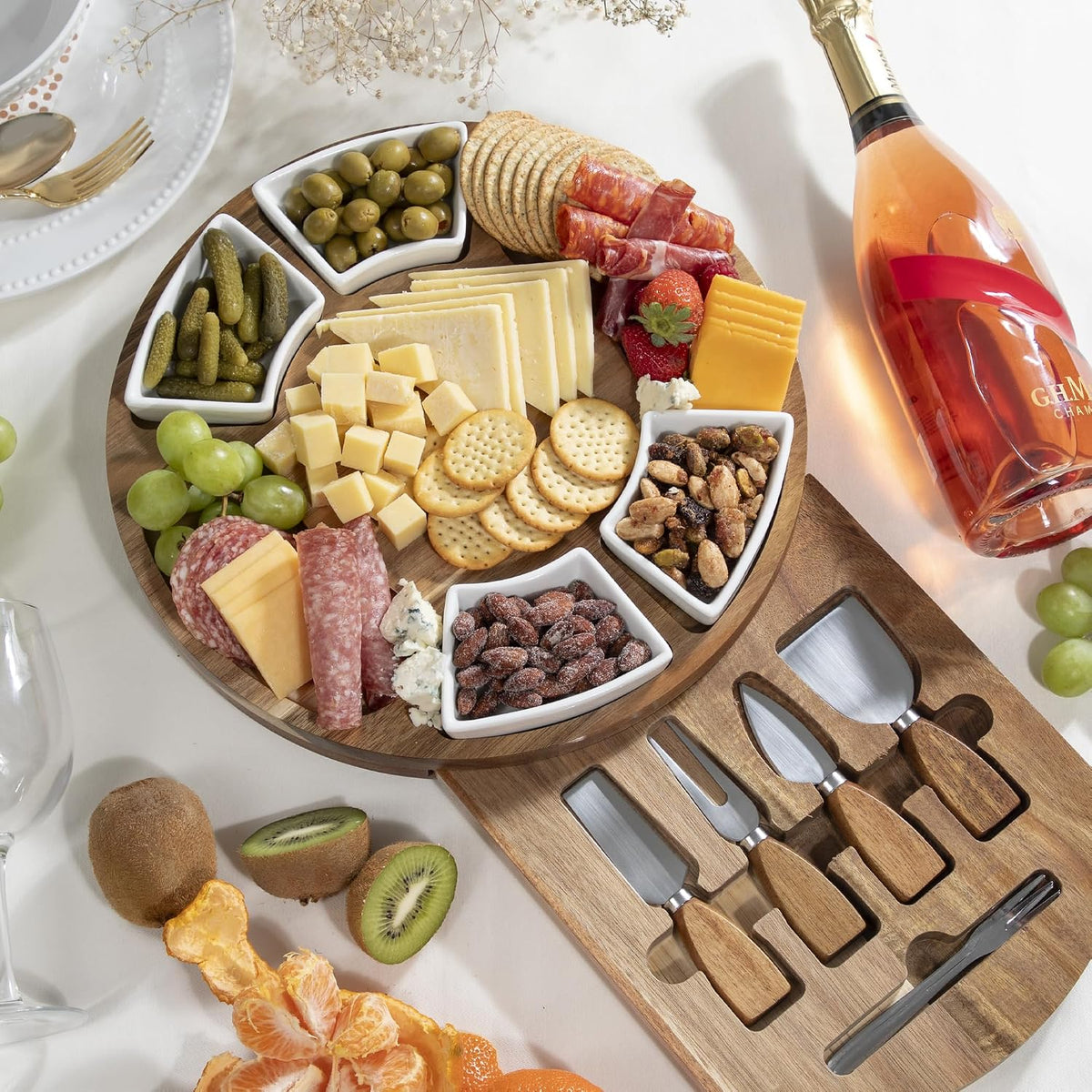 Acacia Cheese Board & Knife Set, Round Charcuterie Board with Ceramic Bowls, Hidden Slide-Out Drawer & Serving Utensils, Housewarming & Wedding Gift