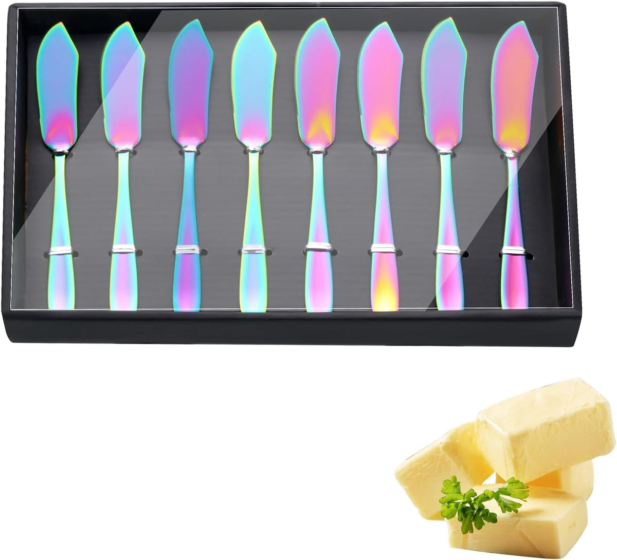 Butter Knives, 18/10 Stainless Steel 6.10 Inch Gold Cheese Spreader Knives Set in Black Gift Box, Dishwasher Safe, Set of 8
