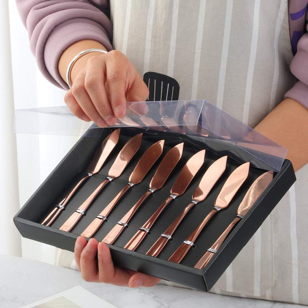 Butter Knives, 18/10 Stainless Steel 6.10 Inch Gold Cheese Spreader Knives Set in Black Gift Box, Dishwasher Safe, Set of 8