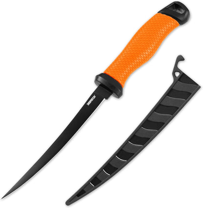 Professional Fish Fillet Knife 7 inch - Stainless Steel Blade for Salmon/Meat, Non-Slip PP Golf Grip & Sheath