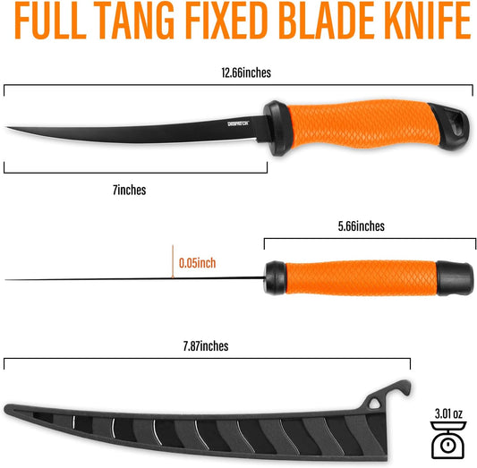 Professional Fish Fillet Knife 7 inch - Stainless Steel Blade for Salmon/Meat, Non-Slip PP Golf Grip & Sheath