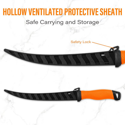 Professional Fish Fillet Knife 7 inch - Stainless Steel Blade for Salmon/Meat, Non-Slip PP Golf Grip & Sheath