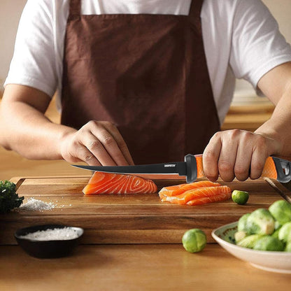 Professional Fish Fillet Knife 7 inch - Stainless Steel Blade for Salmon/Meat, Non-Slip PP Golf Grip & Sheath