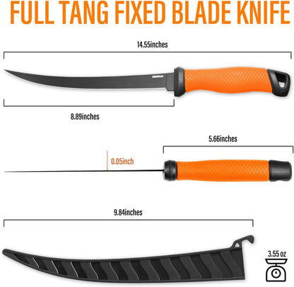 Professional Fish Fillet Knife 7 inch - Stainless Steel Blade for Salmon/Meat, Non-Slip PP Golf Grip & Sheath