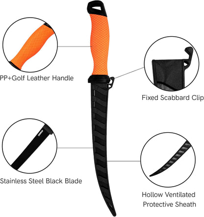 Professional Fish Fillet Knife 7 inch - Stainless Steel Blade for Salmon/Meat, Non-Slip PP Golf Grip & Sheath