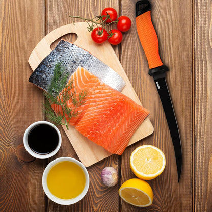 Professional Fish Fillet Knife 7 inch - Stainless Steel Blade for Salmon/Meat, Non-Slip PP Golf Grip & Sheath