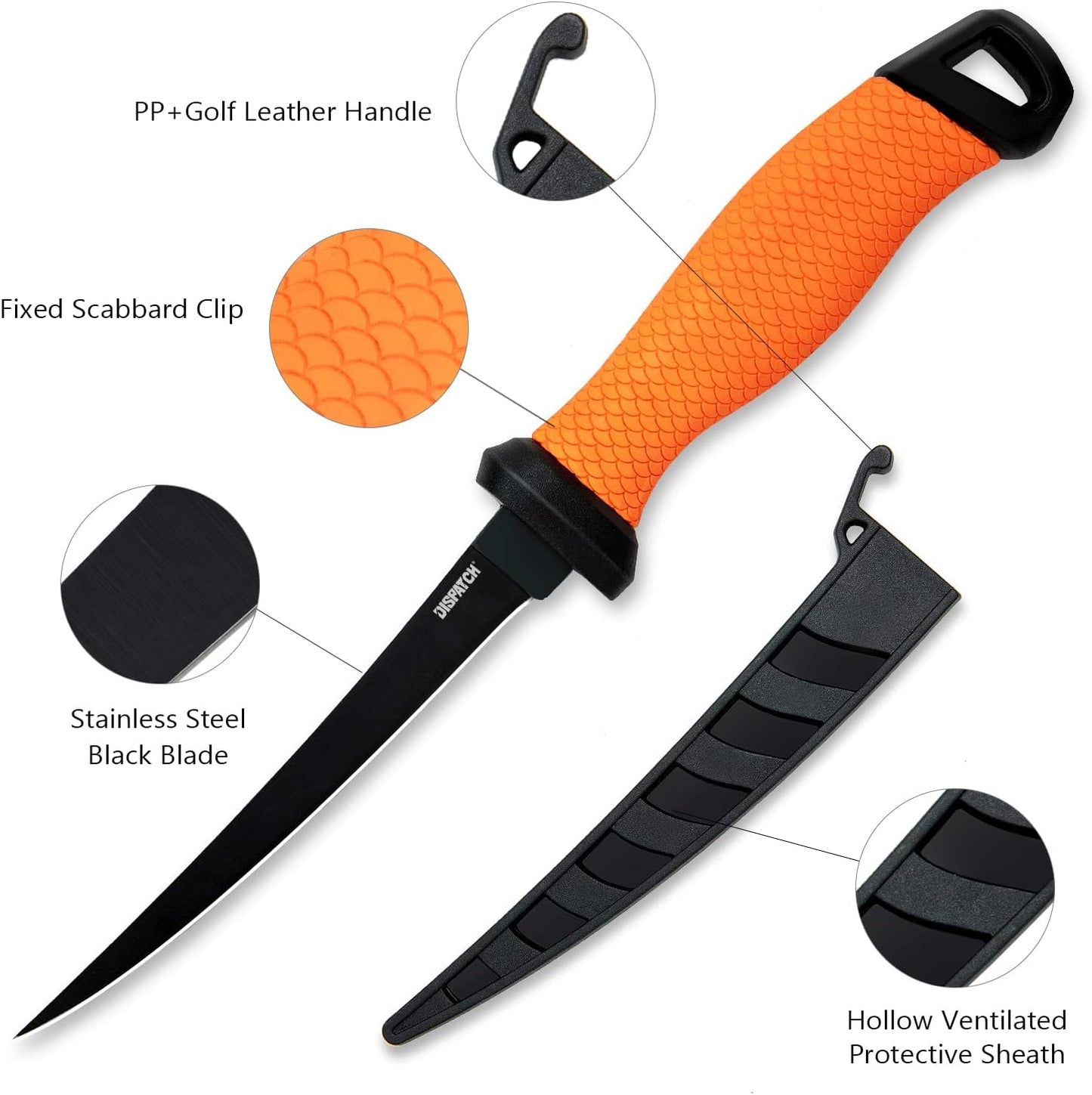 Professional Fish Fillet Knife 7 inch - Stainless Steel Blade for Salmon/Meat, Non-Slip PP Golf Grip & Sheath