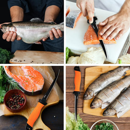 Professional Fish Fillet Knife 7 inch - Stainless Steel Blade for Salmon/Meat, Non-Slip PP Golf Grip & Sheath