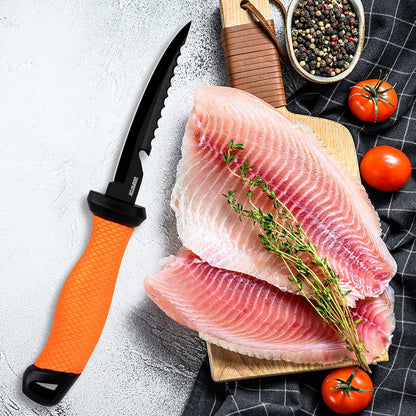 Professional Fish Fillet Knife 7 inch - Stainless Steel Blade for Salmon/Meat, Non-Slip PP Golf Grip & Sheath