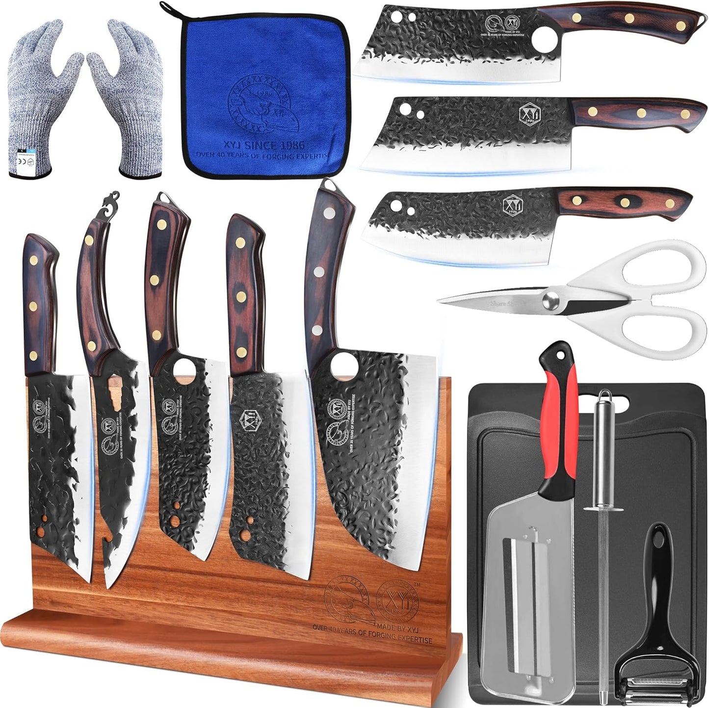 Full Tang Knives Set with Magnetic Knife Block,Cutting Board,Sharpener Rod,Scissors,Gloves,High Carbon Steel Blades,Knife Block Set,Cleaver Vegetable Butcher Kitchen Knives