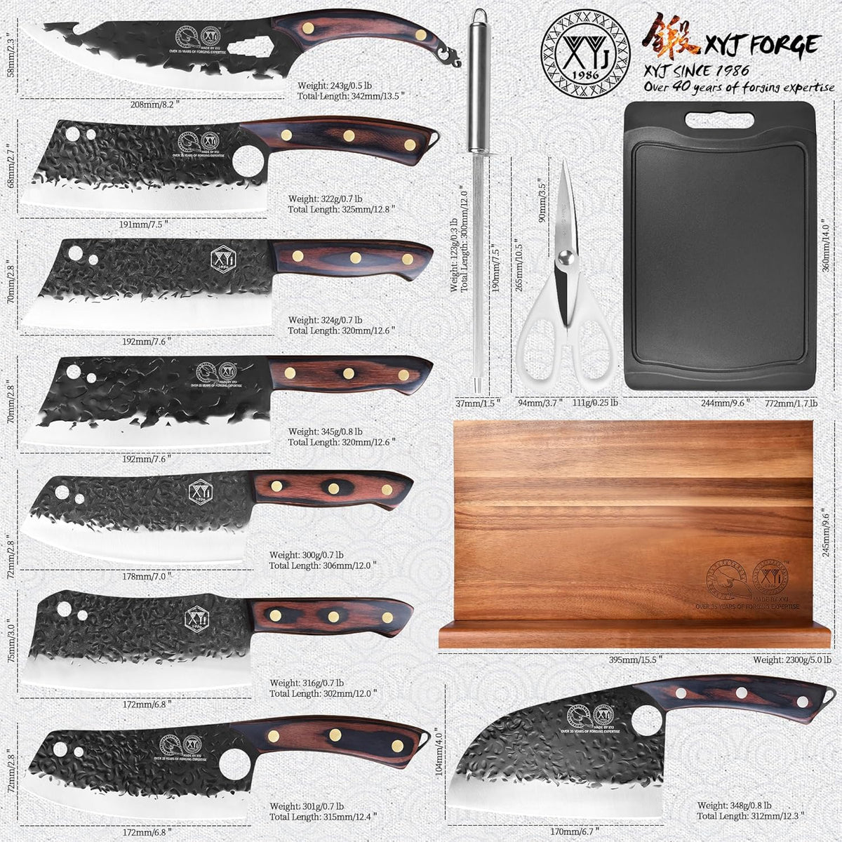 Full Tang Knives Set with Magnetic Knife Block,Cutting Board,Sharpener Rod,Scissors,Gloves,High Carbon Steel Blades,Knife Block Set,Cleaver Vegetable Butcher Kitchen Knives