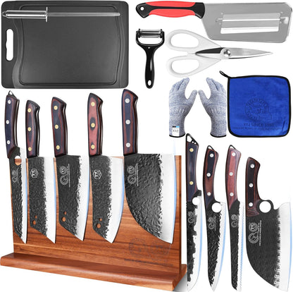 Full Tang Knives Set with Magnetic Knife Block,Cutting Board,Sharpener Rod,Scissors,Gloves,High Carbon Steel Blades,Knife Block Set,Cleaver Vegetable Butcher Kitchen Knives