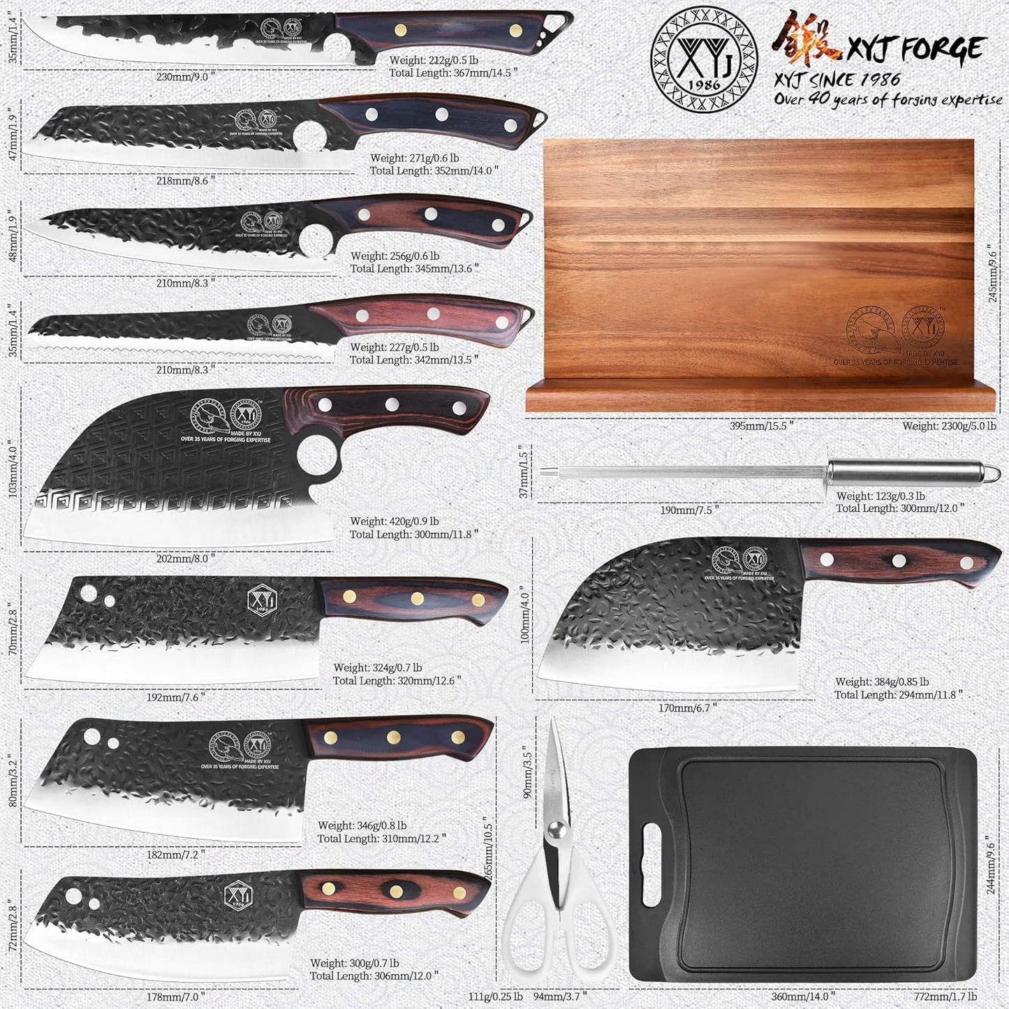 Full Tang Knives Set with Magnetic Knife Block,Cutting Board,Sharpener Rod,Scissors,Gloves,High Carbon Steel Blades,Knife Block Set,Cleaver Vegetable Butcher Kitchen Knives