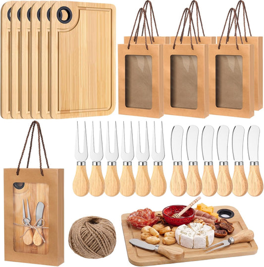 6 Set Bridal Shower Favors Bamboo Cheese Board Charcuterie Board Gift Set with Knives Forks Bags for Baby Shower Gifts Easter Spring Wedding Favors
