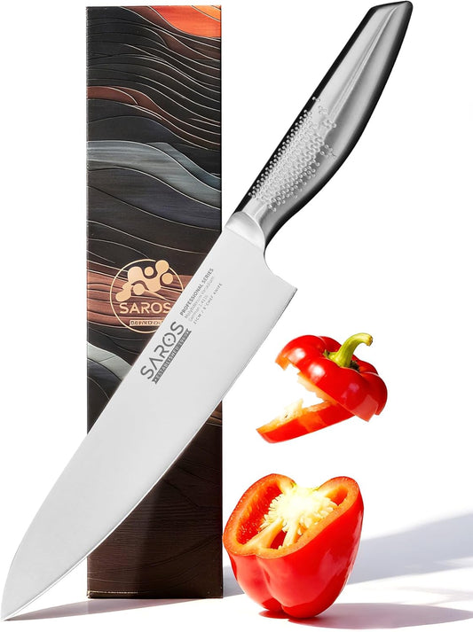 8 Inch Japanese Kitchen Knife – Professional Gyuto Chef Knife Made of 1.4116 German Steel, All-Steel Anti-Slip Handle, Razor Sharp Blade in Gift Box for Home & Restaurant