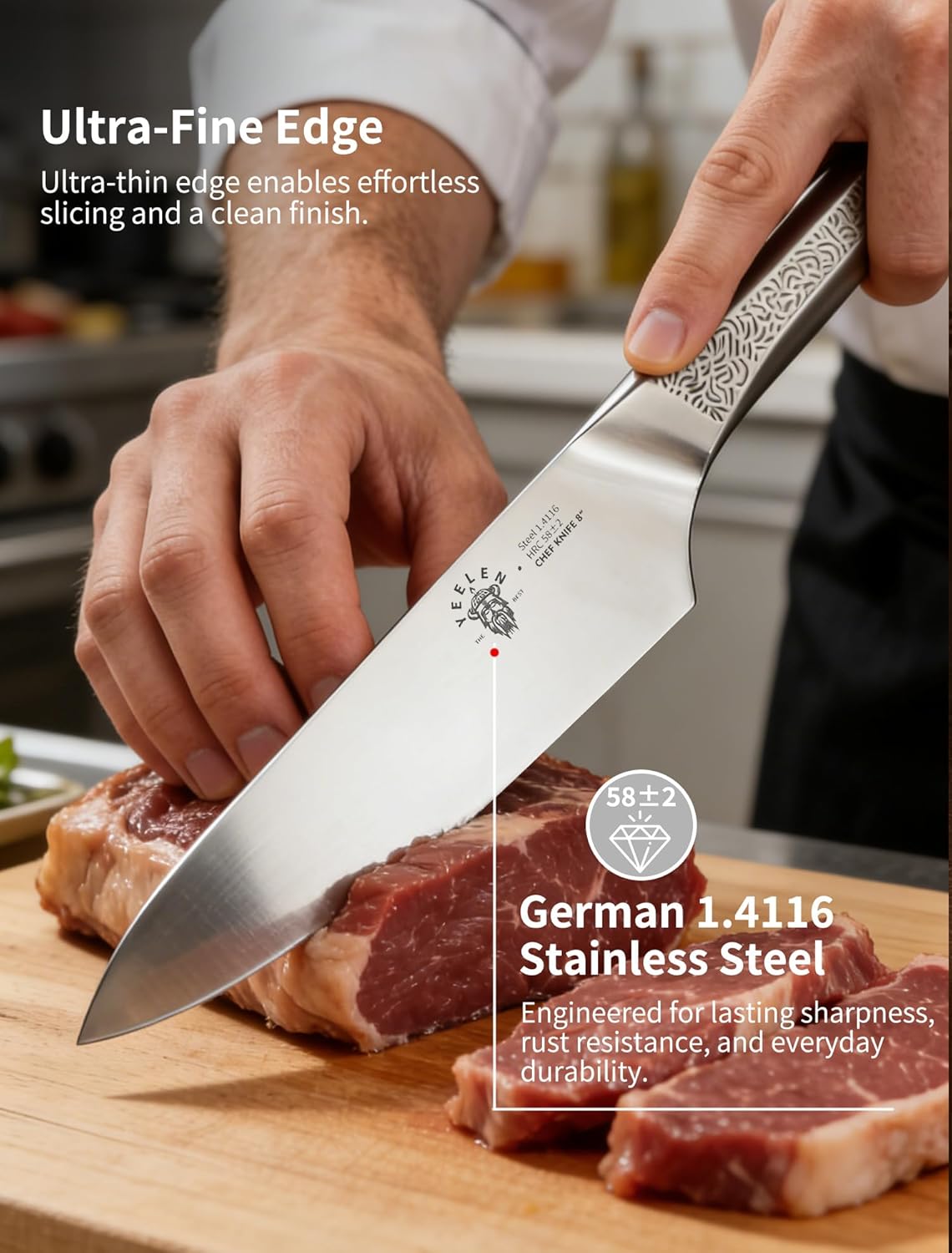 8 Inch Japanese Kitchen Knife – Professional Gyuto Chef Knife Made of 1.4116 German Steel, All-Steel Anti-Slip Handle, Razor Sharp Blade in Gift Box for Home & Restaurant