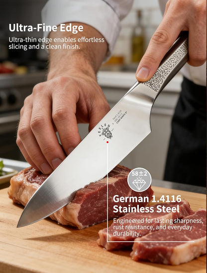 8 Inch Japanese Kitchen Knife – Professional Gyuto Chef Knife Made of 1.4116 German Steel, All-Steel Anti-Slip Handle, Razor Sharp Blade in Gift Box for Home & Restaurant