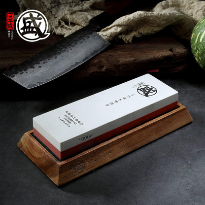 Professional Japanese 1000/3000 Grit Sharpening Stone | Sharpening and Honing, White Corundum Whetstone, Controlled Water Absorption, Bamboo Base, Kraft Box