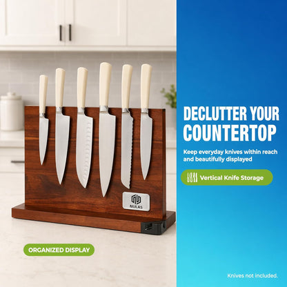 Magnetic Knife Block with Built-in Sharpener, Double-Sided Countertop Magnetic Knife Holder, Holds Up to 12 Knives & Metal Kitchen Tools, Brown