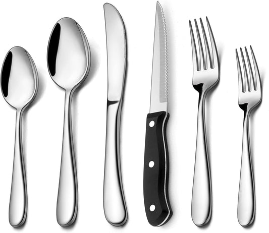 48-Piece Heavy Duty Silverware Set with Steak Knife for 8, Stainless Steel Flatware Set, Fancy Thick Cutlery Eating Utensils Include Forks Knives Spoons, Mirror Finished, Dishwasher Safe