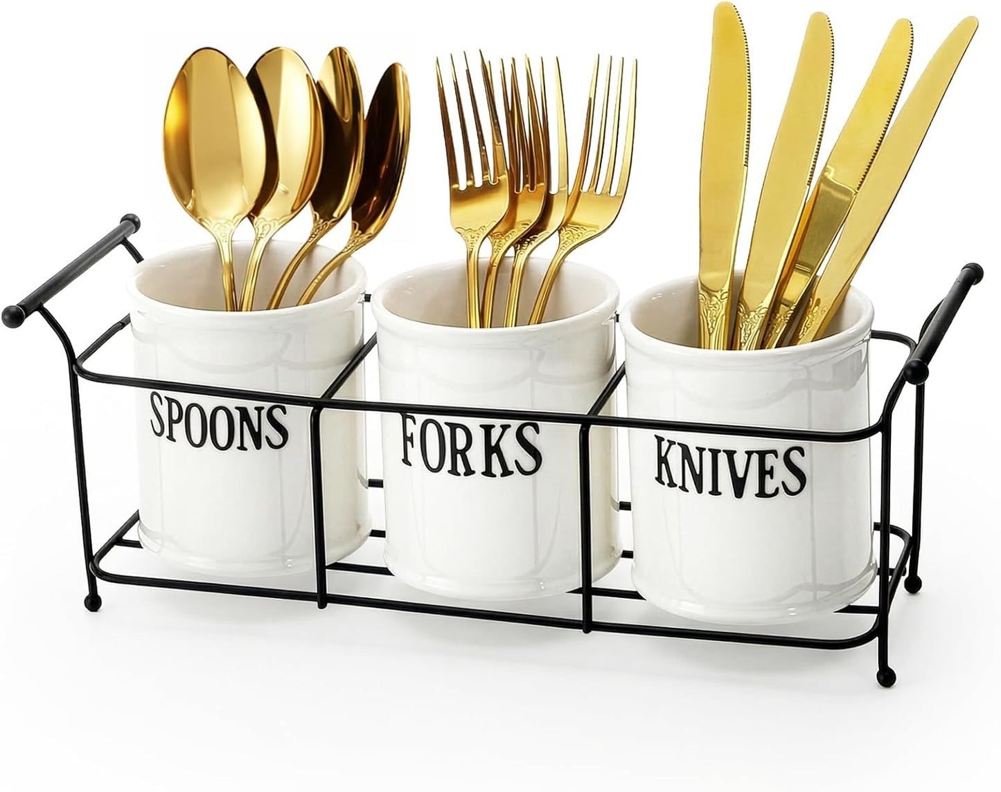 3-Piece White Ceramic Silverware Caddy with Black Metal Rack, Utensil Holder Flatware Caddy Cutlery Storage Organizer for Kitchen Table, Cabinet or Pantry