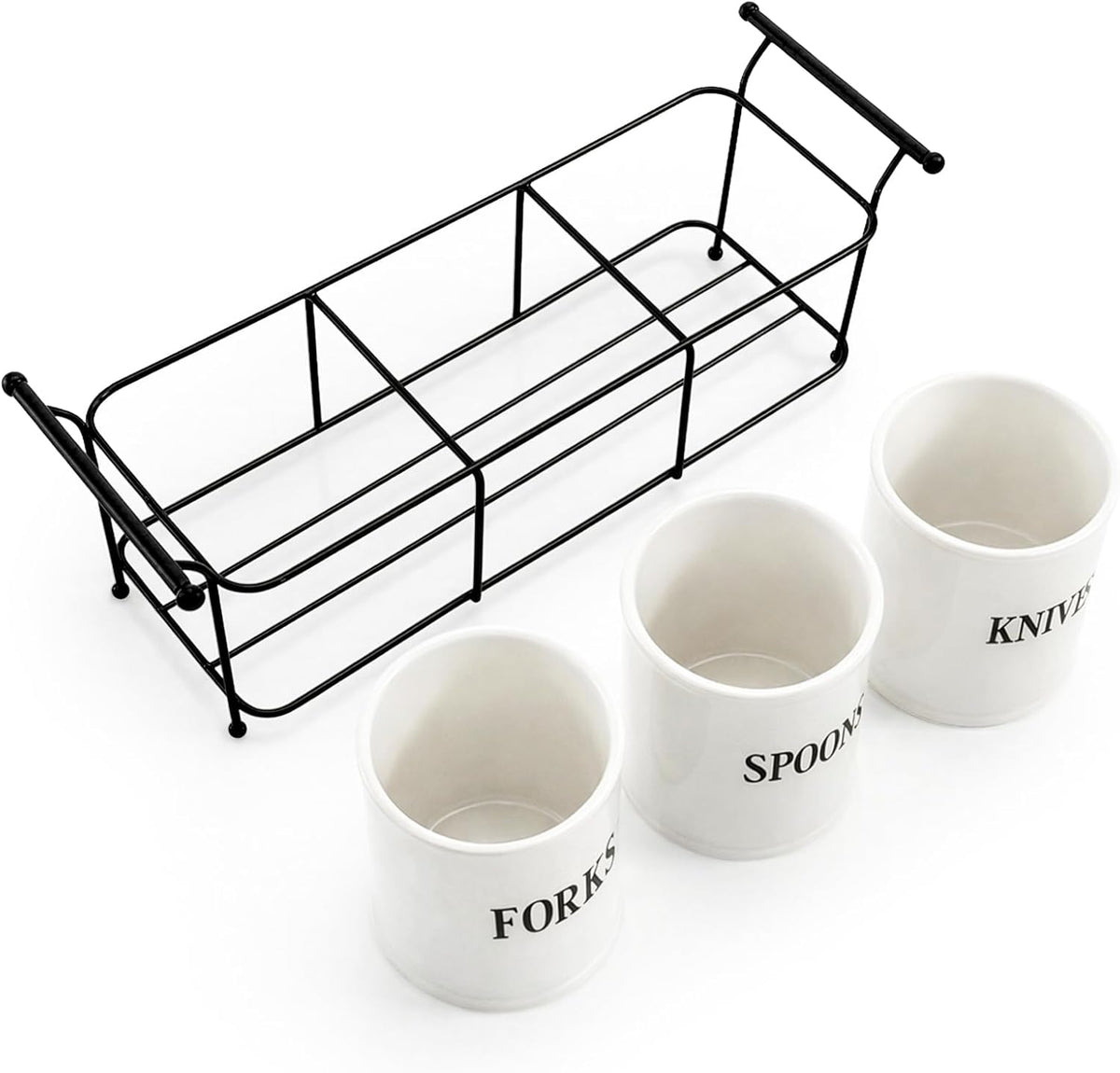 3-Piece White Ceramic Silverware Caddy with Black Metal Rack, Utensil Holder Flatware Caddy Cutlery Storage Organizer for Kitchen Table, Cabinet or Pantry