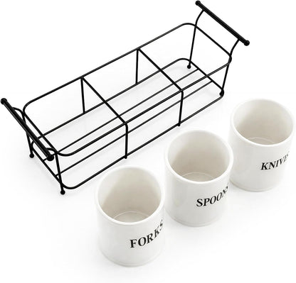 3-Piece White Ceramic Silverware Caddy with Black Metal Rack, Utensil Holder Flatware Caddy Cutlery Storage Organizer for Kitchen Table, Cabinet or Pantry