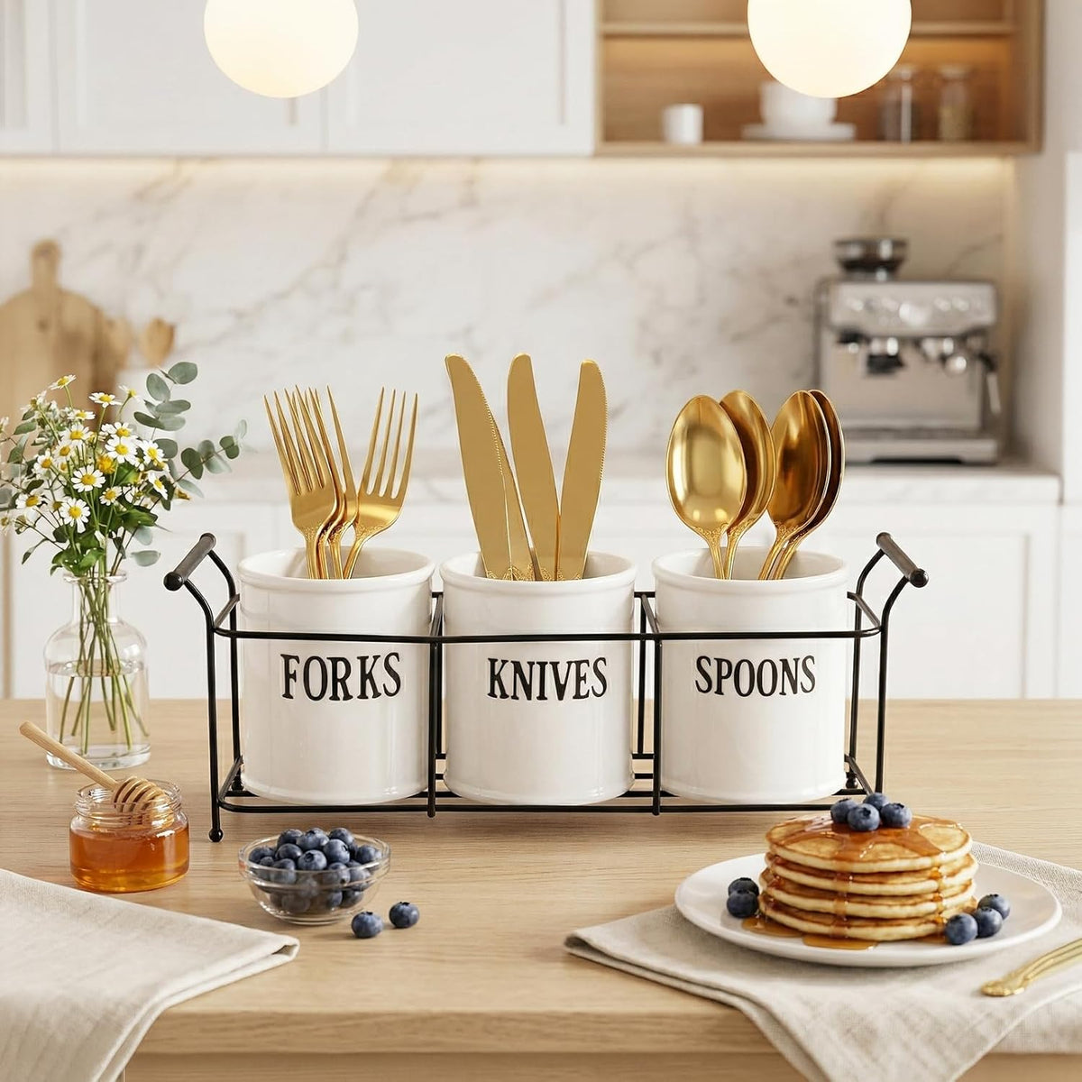 3-Piece White Ceramic Silverware Caddy with Black Metal Rack, Utensil Holder Flatware Caddy Cutlery Storage Organizer for Kitchen Table, Cabinet or Pantry