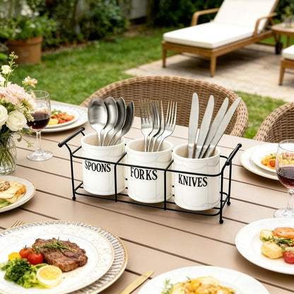 3-Piece White Ceramic Silverware Caddy with Black Metal Rack, Utensil Holder Flatware Caddy Cutlery Storage Organizer for Kitchen Table, Cabinet or Pantry