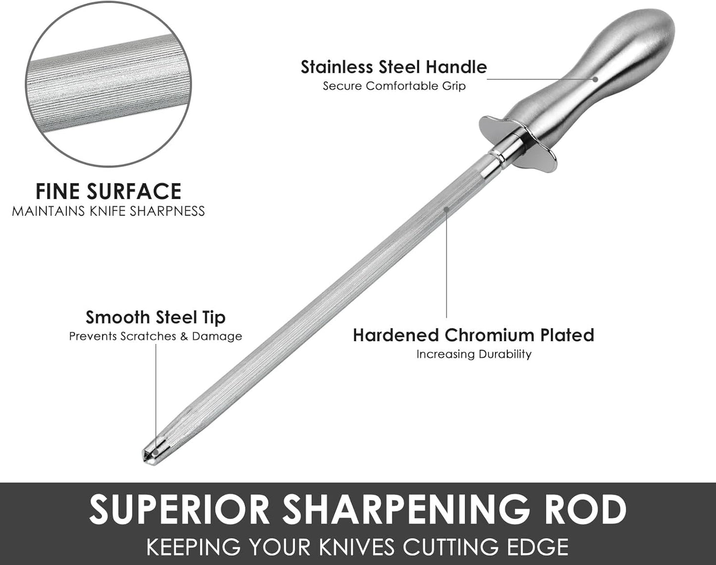 Honing Steel Kitchen Knife Sharpener Rod 12 Inch Sharpening Steel for Knives Premium Tungsten Steel with 304 Stainless Steel Handle
