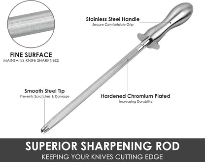 Honing Steel Kitchen Knife Sharpener Rod 12 Inch Sharpening Steel for Knives Premium Tungsten Steel with 304 Stainless Steel Handle