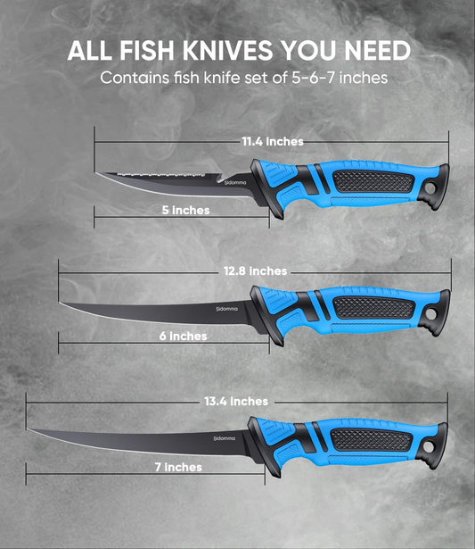 Fillet Knife and Bait Knife Set Performance 5"-6"-7" G4116 German Flex Razor Sharp Stainless-Steel Blade with Sheath for Filleting and Boning, Pro Fishing Gear and Equipment Tools, Cool Fishing Gift for Men (Black-Blue)